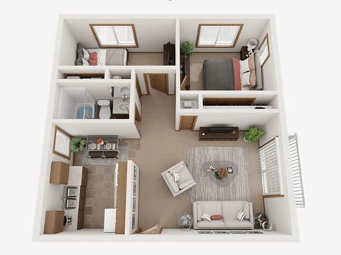 Floor plan for 2 beds, 1 bath, 834 sqft